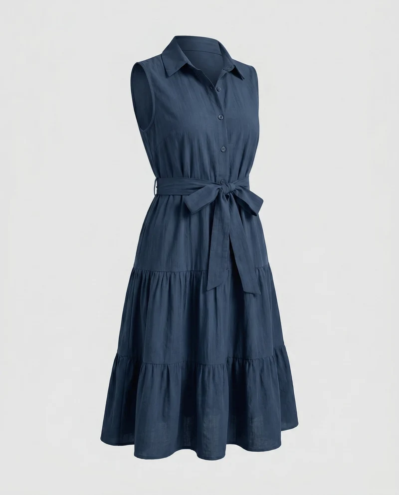 Damen Knielanges Hemdblusenkleid mit Taillengürtel und Volantdetails Nord Taschen