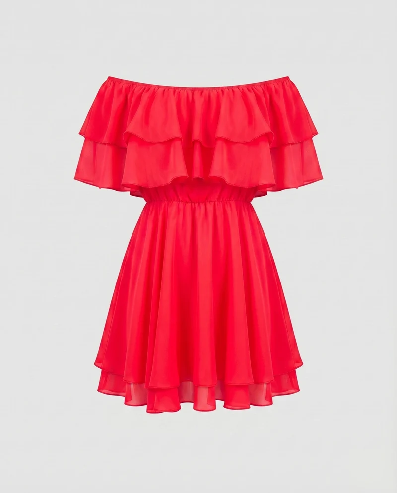 Damen Elegante Mehrlagiger Volantrock Chiffon-Optik Carmen-Minikleid