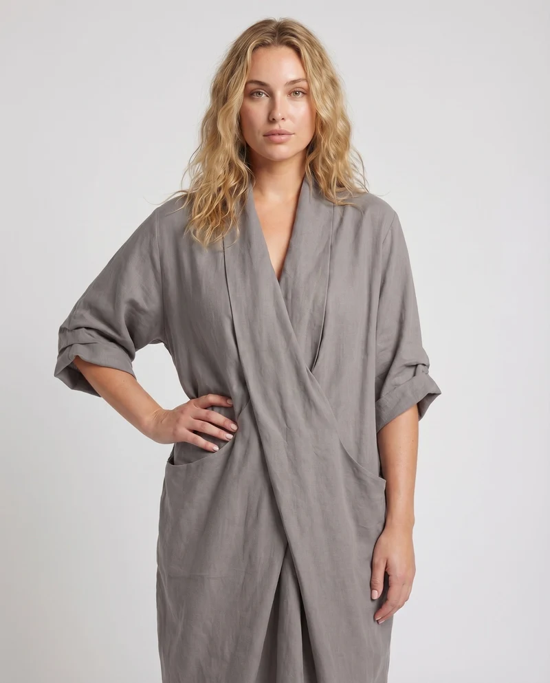 Damen Kimono-Maxikleid Schalkragen Wickelvorderteil Eingrifftaschen