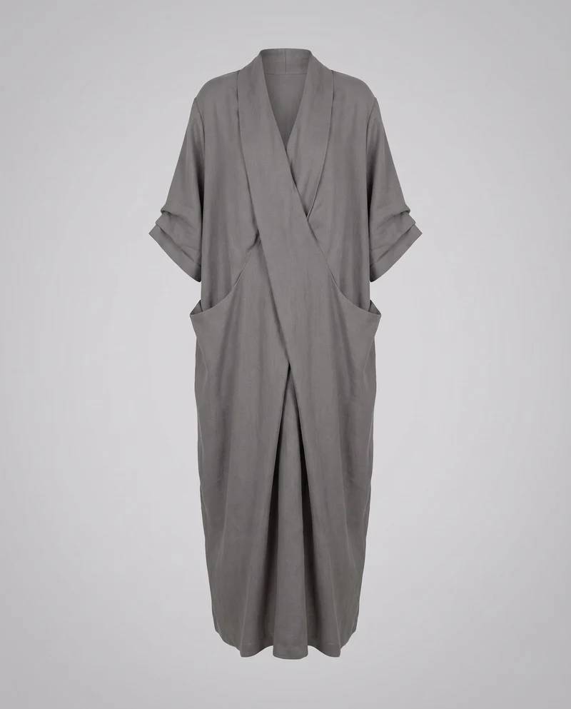 Damen Kimono-Maxikleid Schalkragen Wickelvorderteil Eingrifftaschen