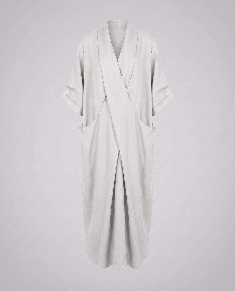 Damen Kimono-Maxikleid Schalkragen Wickelvorderteil Eingrifftaschen
