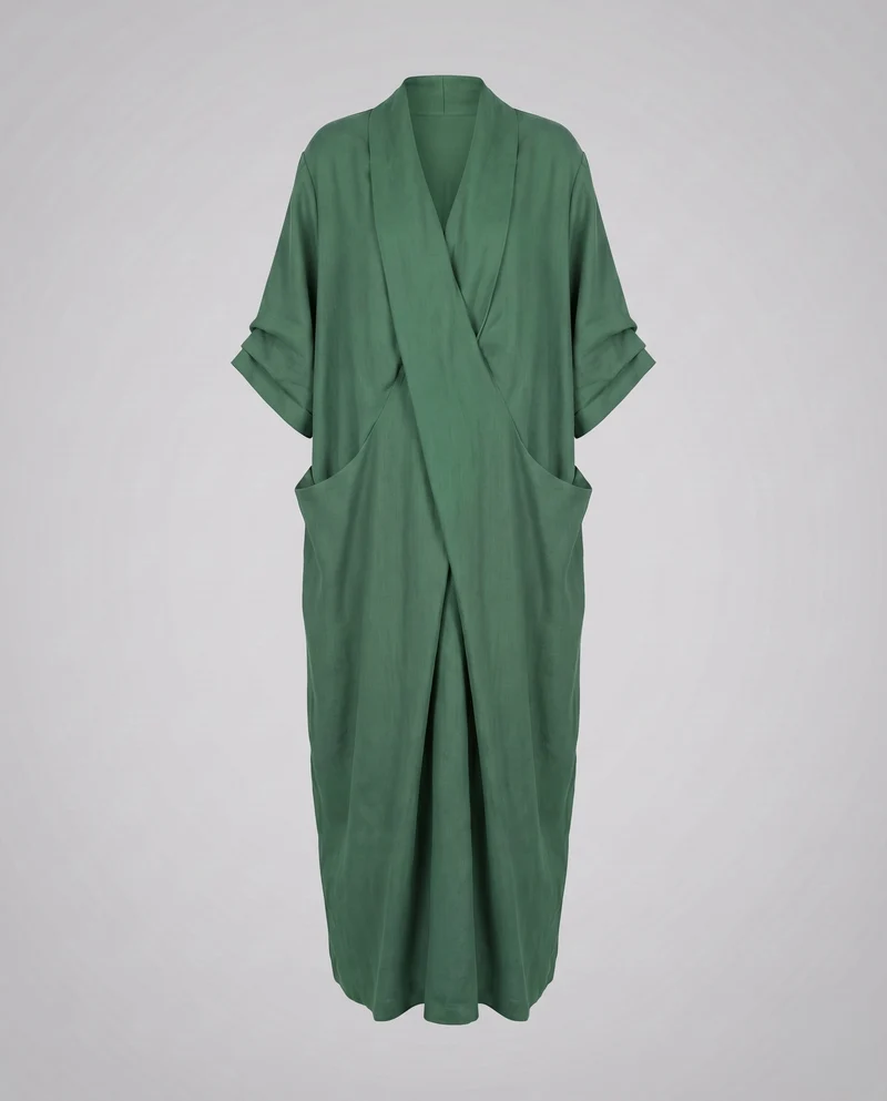 Damen Kimono-Maxikleid Schalkragen Wickelvorderteil Eingrifftaschen