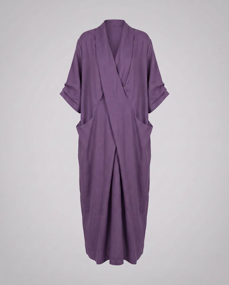 Damen Kimono-Maxikleid Schalkragen Wickelvorderteil Eingrifftaschen