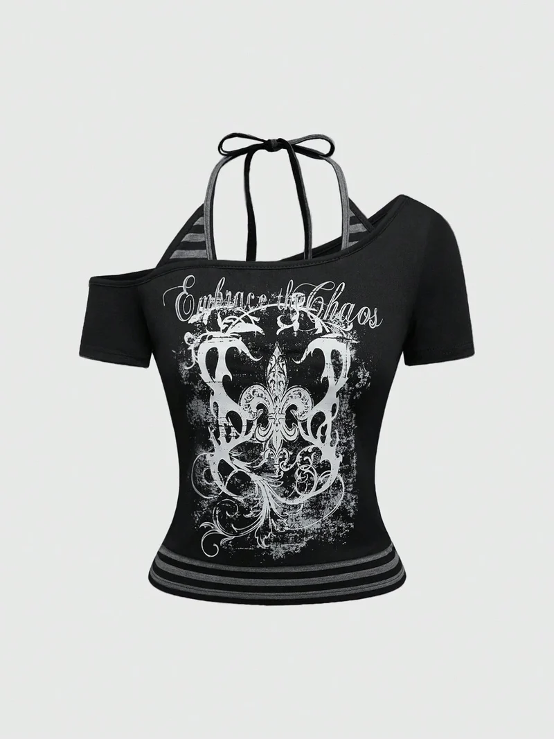 Damen Off-Shoulder Top mit grafischem Design