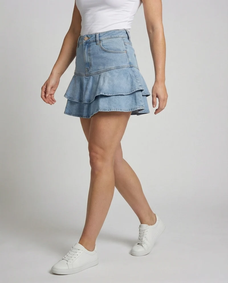 Damen Verspielte Doppelte Volantlage Denim Jeans-Minirock