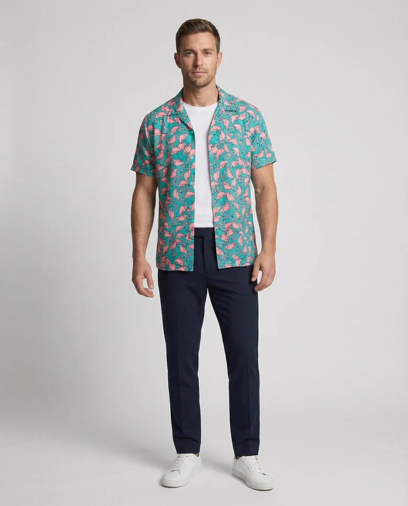 Herren nan luftig-leichtes Viskose-Resorthemd mit Flamingo-Allover-Print, Reverskragen und legerer Passform Nord Taschen