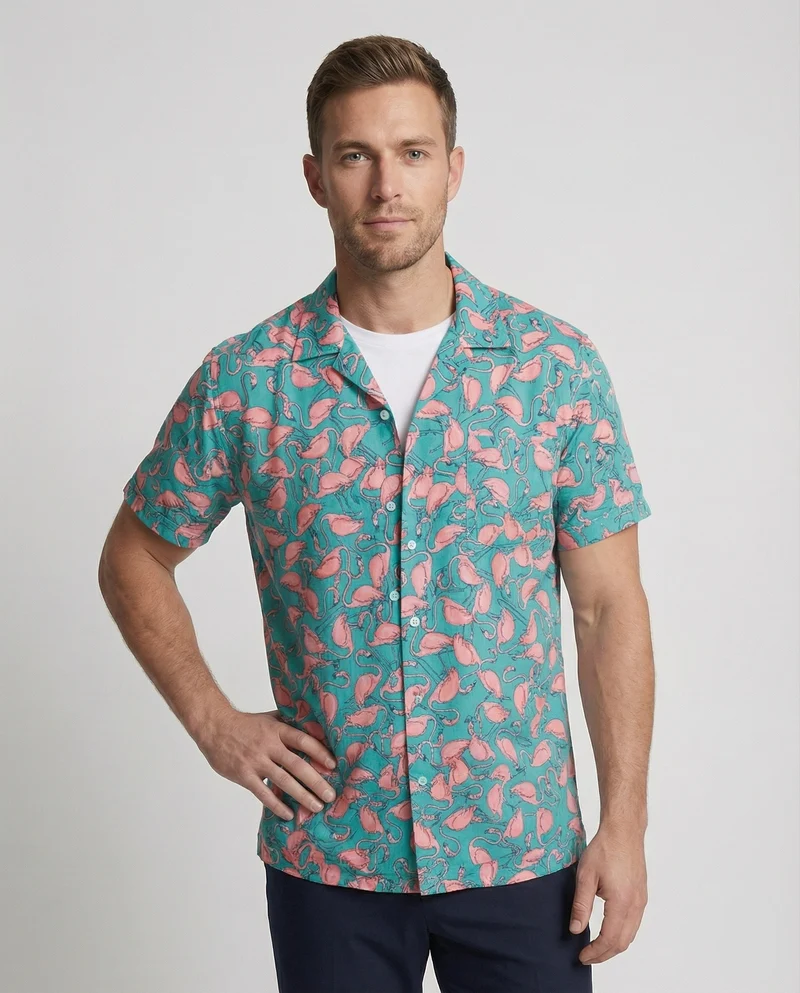 Herren nan luftig-leichtes Viskose-Resorthemd mit Flamingo-Allover-Print, Reverskragen und legerer Passform Nord Taschen