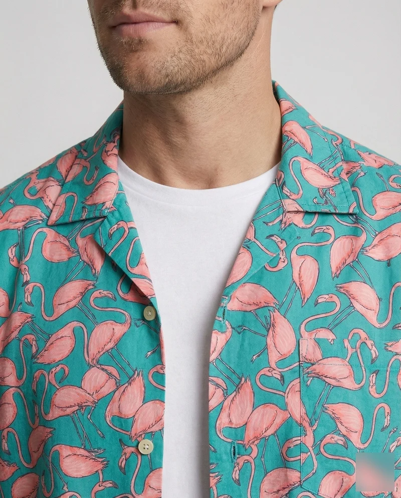 Herren nan luftig-leichtes Viskose-Resorthemd mit Flamingo-Allover-Print, Reverskragen und legerer Passform Nord Taschen