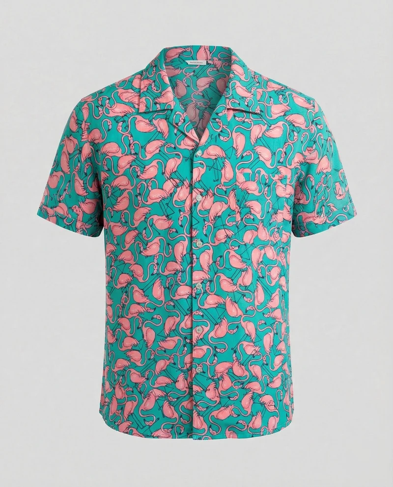 Herren nan luftig-leichtes Viskose-Resorthemd mit Flamingo-Allover-Print, Reverskragen und legerer Passform Nord Taschen
