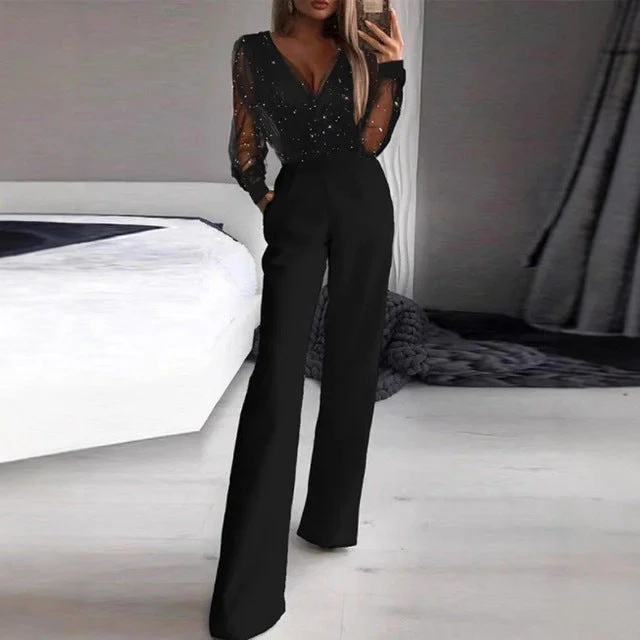 Damen Elegante Jumpsuit mit transparenter Bluse und schimmernden Akzenten