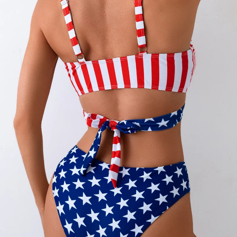 Damen Triangel-Bikini-Set mit asymmetrischem Schnitt und buntem Sternen-Design