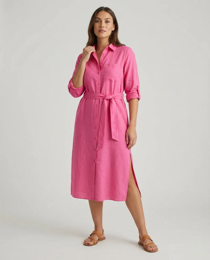 Damen nan luftiges Musselin-Hemdkleid mit Bindegürtel krempelbaren Ärmeln und seitlichem Beinschlitz