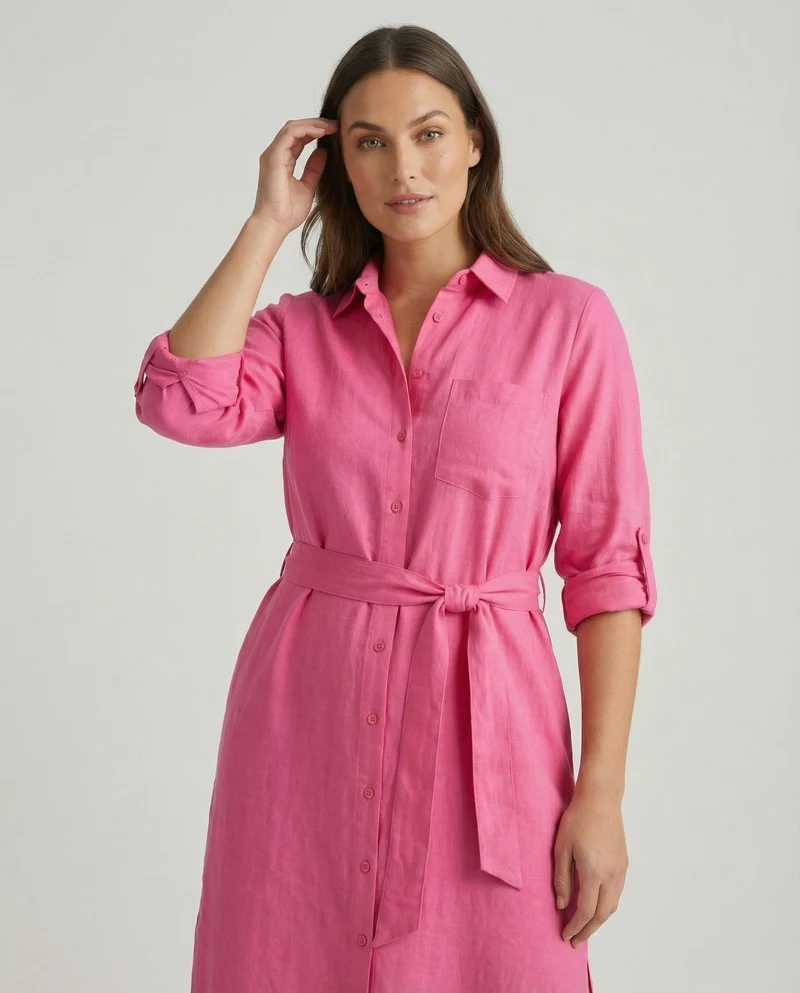 Damen nan luftiges Musselin-Hemdkleid mit Bindegürtel krempelbaren Ärmeln und seitlichem Beinschlitz