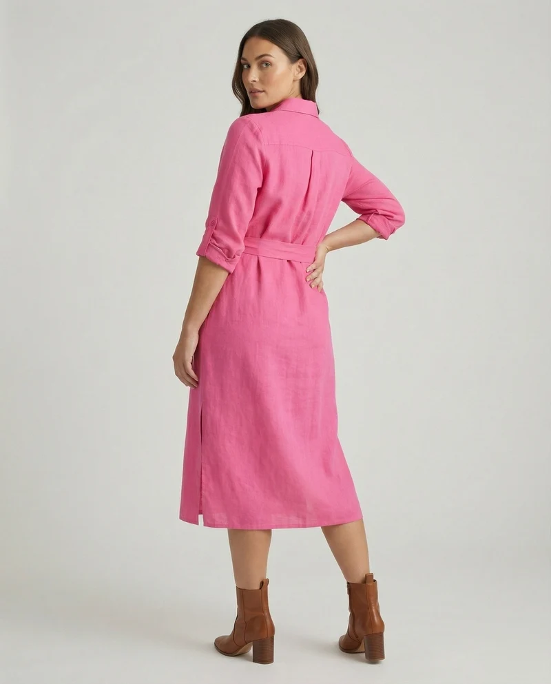Damen nan luftiges Musselin-Hemdkleid mit Bindegürtel krempelbaren Ärmeln und seitlichem Beinschlitz