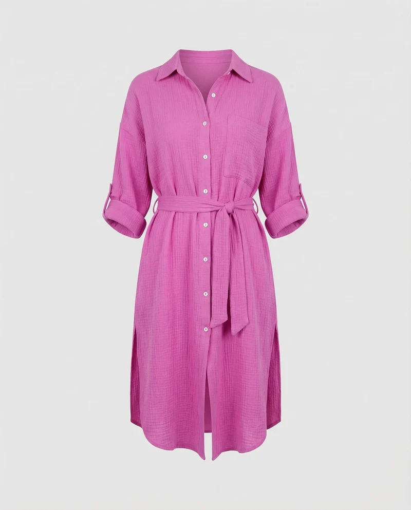 Damen nan luftiges Musselin-Hemdkleid mit Bindegürtel krempelbaren Ärmeln und seitlichem Beinschlitz