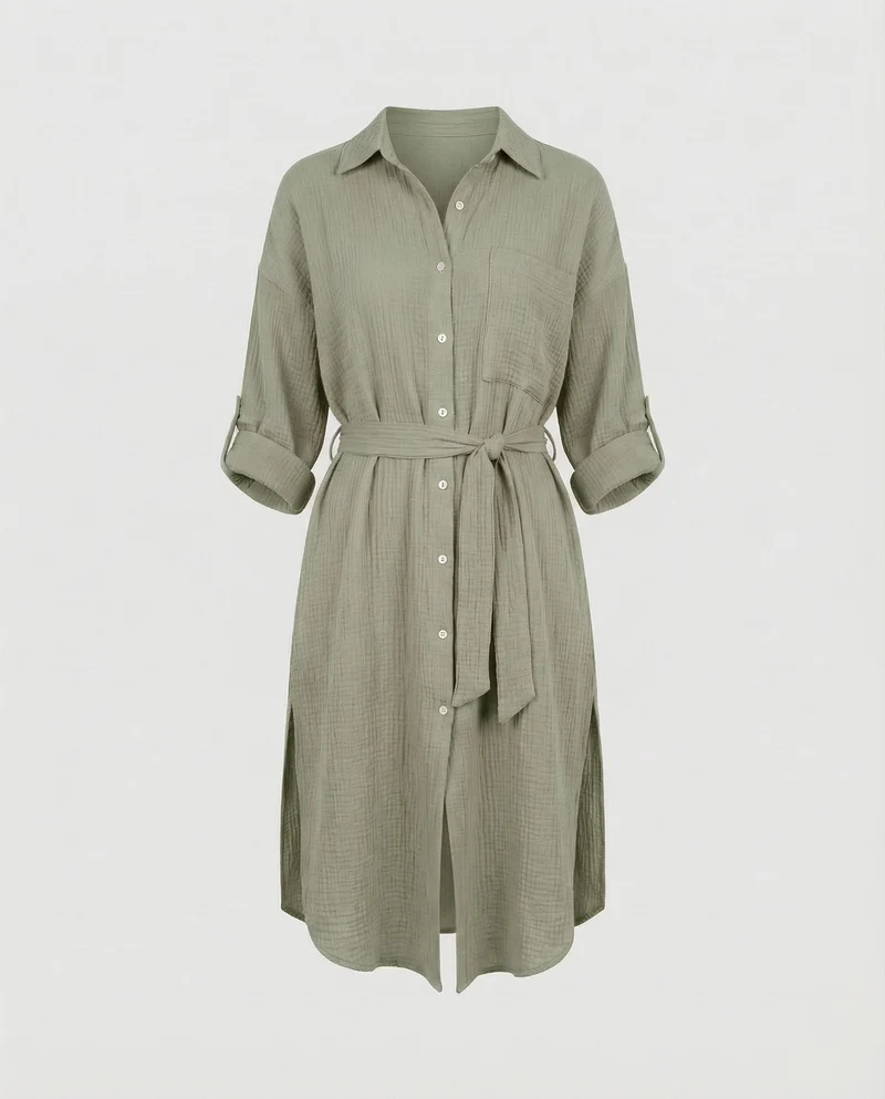 Damen nan luftiges Musselin-Hemdkleid mit Bindegürtel krempelbaren Ärmeln und seitlichem Beinschlitz