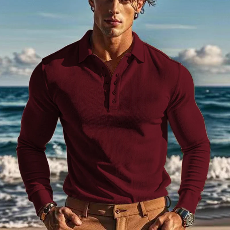 Herren Langarm-Henley-Shirt aus atmungsaktivem Strukturmaterial mit dekorativen Knöpfen