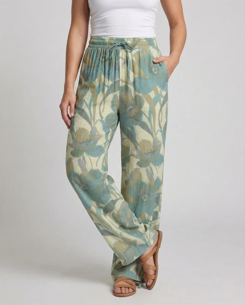 Damen Leinenhose Weit Elastischer Bund Kordelzug