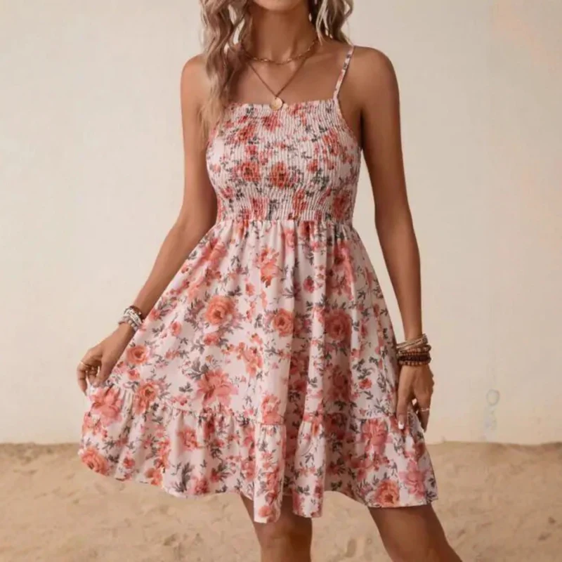 Damen Floral Sommerkleid mit schwingendem Rock und Spaghetti-Trägern Nord Taschen