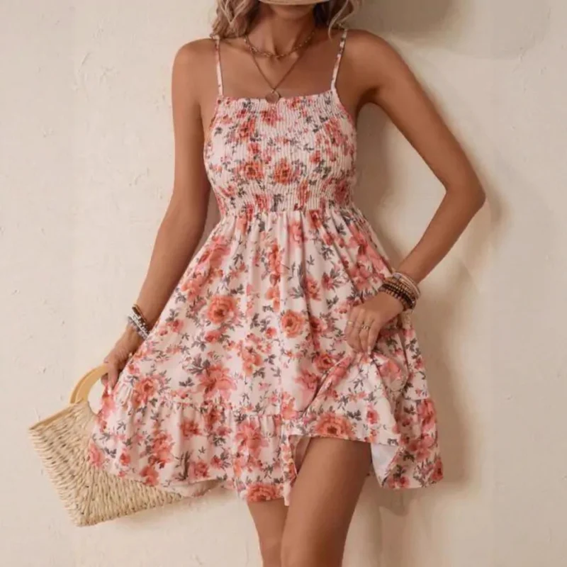Damen Floral Sommerkleid mit schwingendem Rock und Spaghetti-Trägern Nord Taschen