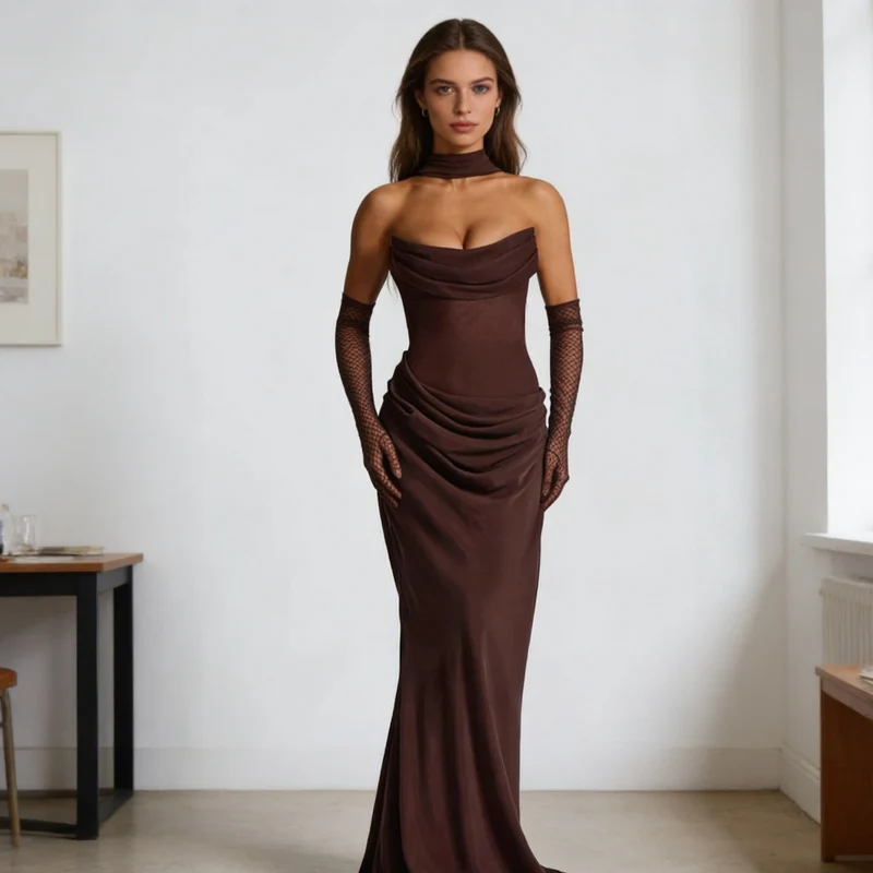 Damen Elegantes schulterfreies Maxikleid mit verführerischem Rüschendetail
