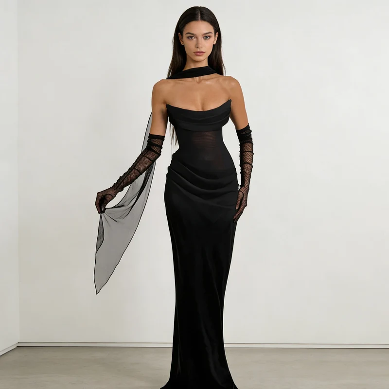Damen Elegantes schulterfreies Maxikleid mit verführerischem Rüschendetail