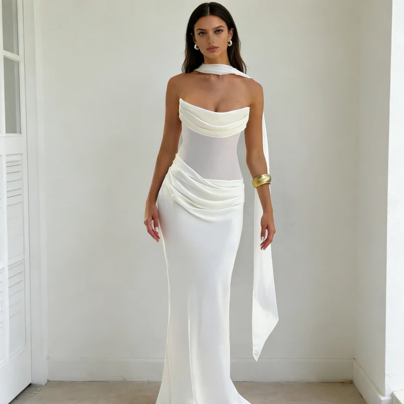 Damen Elegantes schulterfreies Maxikleid mit verführerischem Rüschendetail
