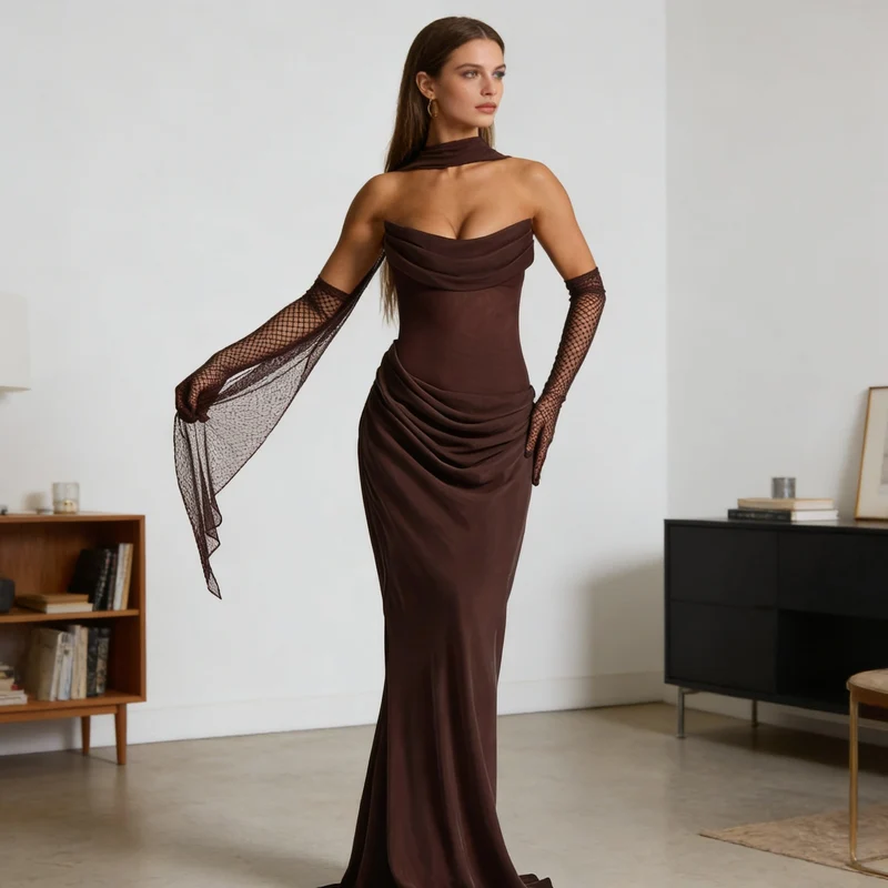 Damen Elegantes schulterfreies Maxikleid mit verführerischem Rüschendetail