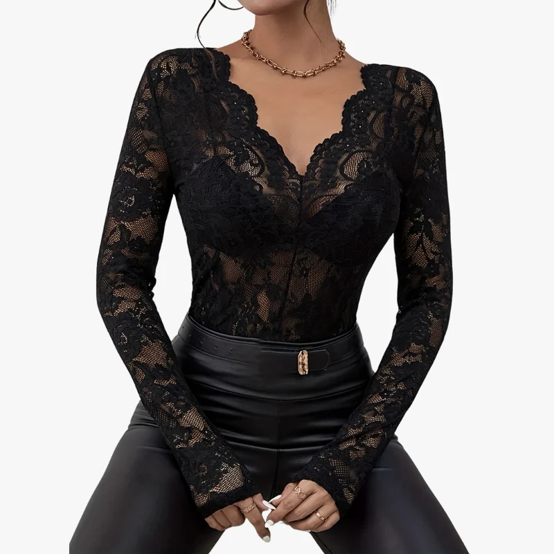 Elegantes V-Ausschnitt Top mit Langen Ärmeln und Spitze für Damen