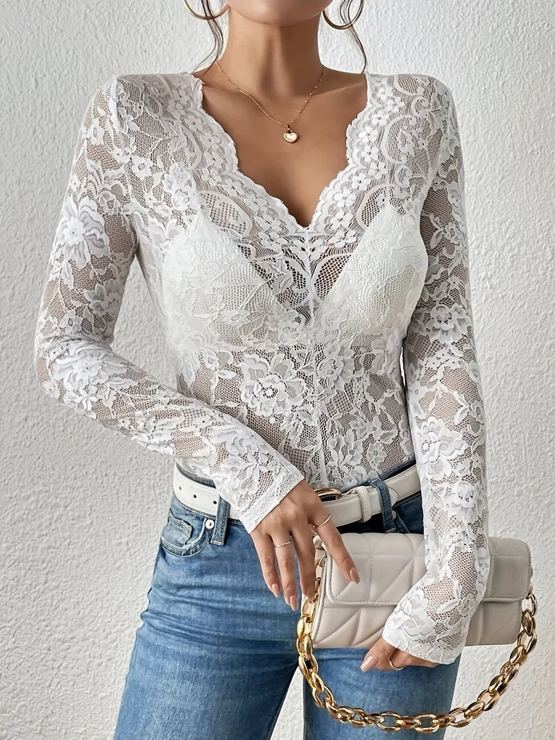 Elegantes V-Ausschnitt Top mit Langen Ärmeln und Spitze für Damen