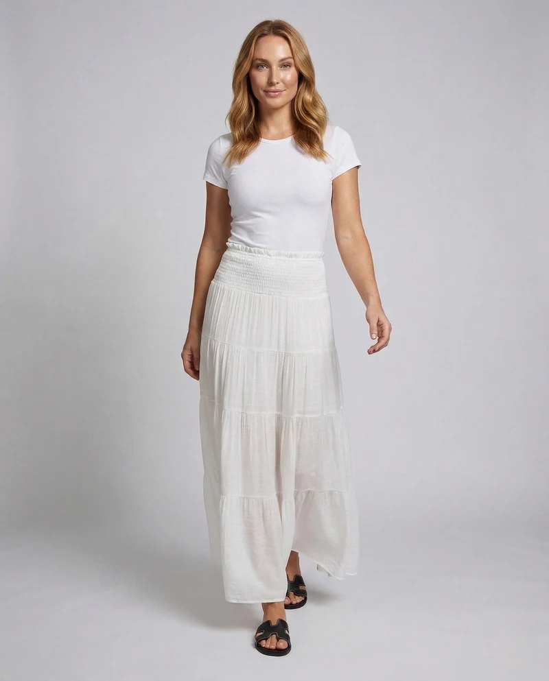Damen Maxirock Crêpe Stufenvolant Elastischer Bund