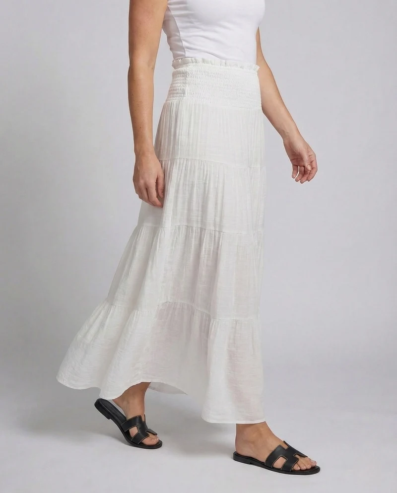 Damen Maxirock Crêpe Stufenvolant Elastischer Bund