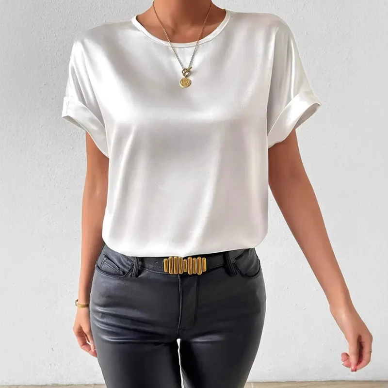 Damen Satin T-Shirt mit umgeschlagenen Ärmeln