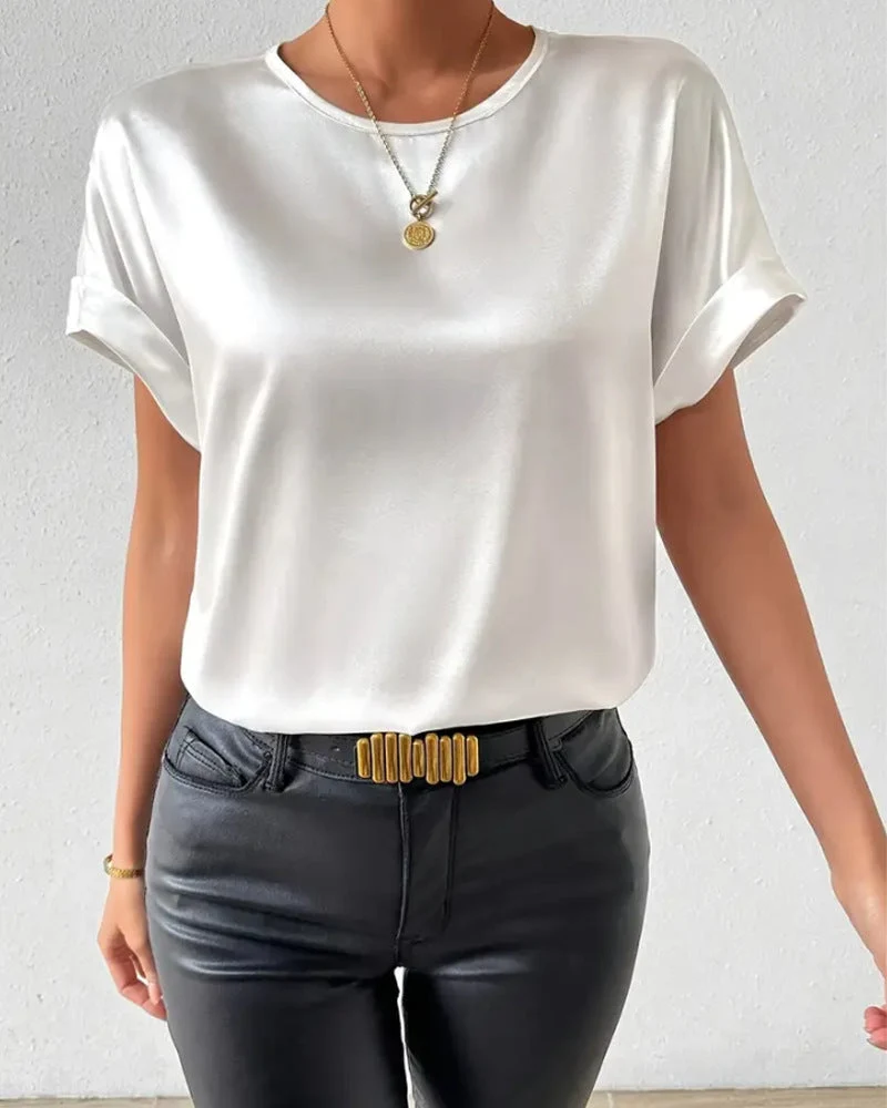 Damen Satin T-Shirt mit umgeschlagenen Ärmeln