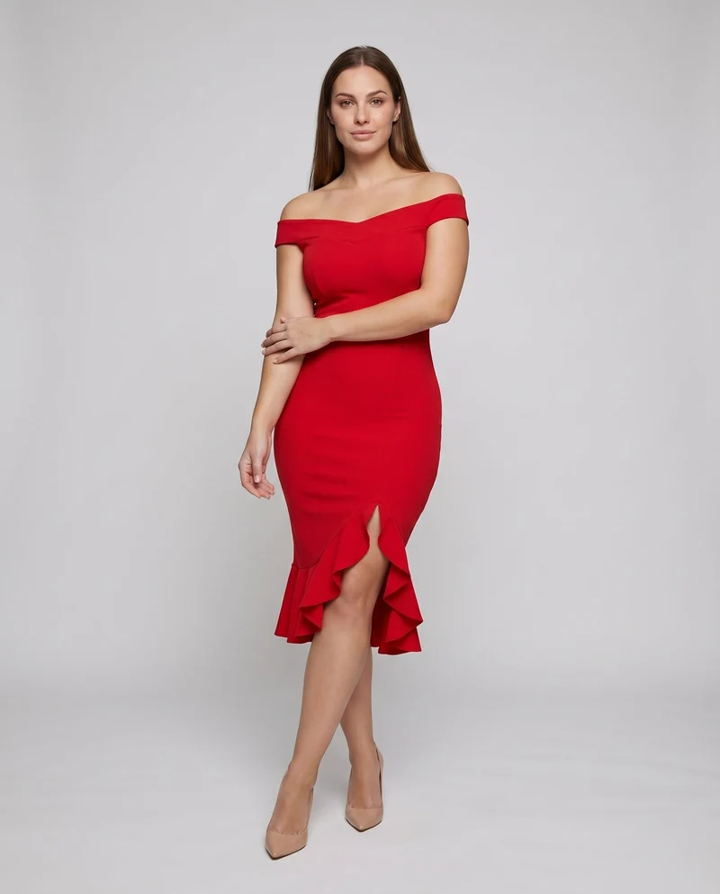 Damen Elegante Asymmetrischer Rüschen-Schlitz MischgewNord Taschene Midikleid
