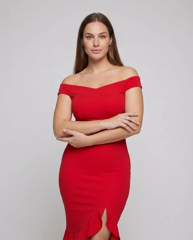 Damen Elegante Asymmetrischer Rüschen-Schlitz MischgewNord Taschene Midikleid