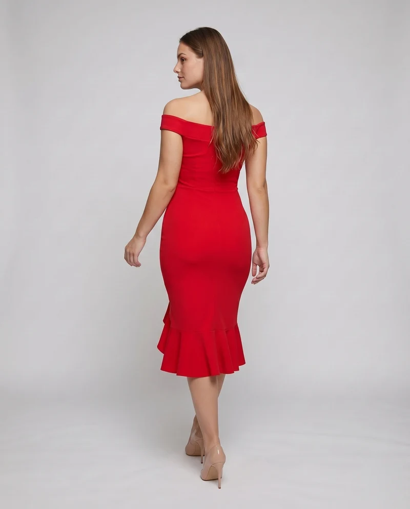 Damen Elegante Asymmetrischer Rüschen-Schlitz MischgewNord Taschene Midikleid