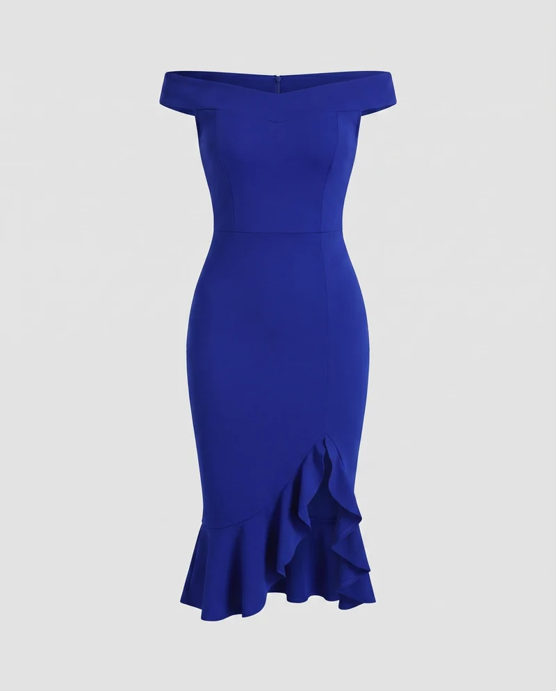 Damen Elegante Asymmetrischer Rüschen-Schlitz MischgewNord Taschene Midikleid