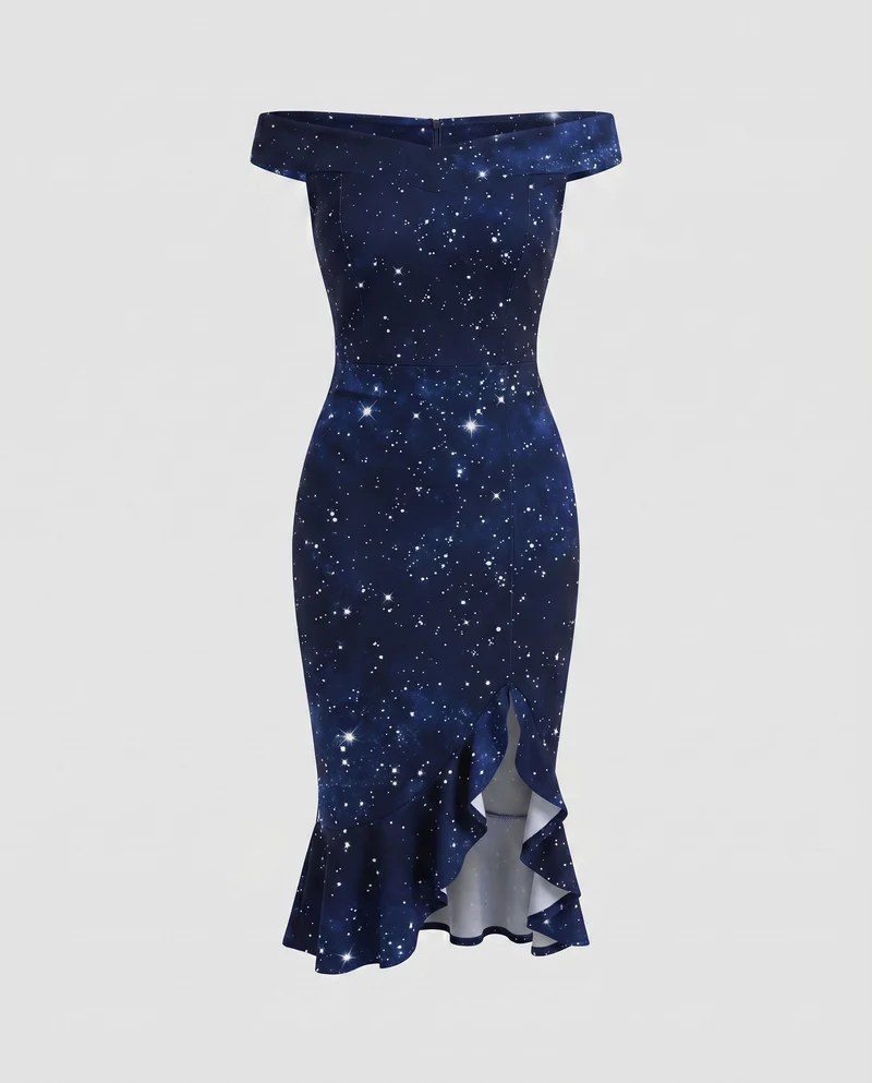Damen Elegante Asymmetrischer Rüschen-Schlitz MischgewNord Taschene Midikleid