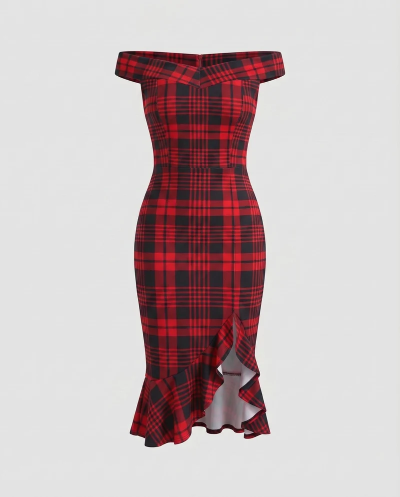 Damen Elegante Asymmetrischer Rüschen-Schlitz MischgewNord Taschene Midikleid