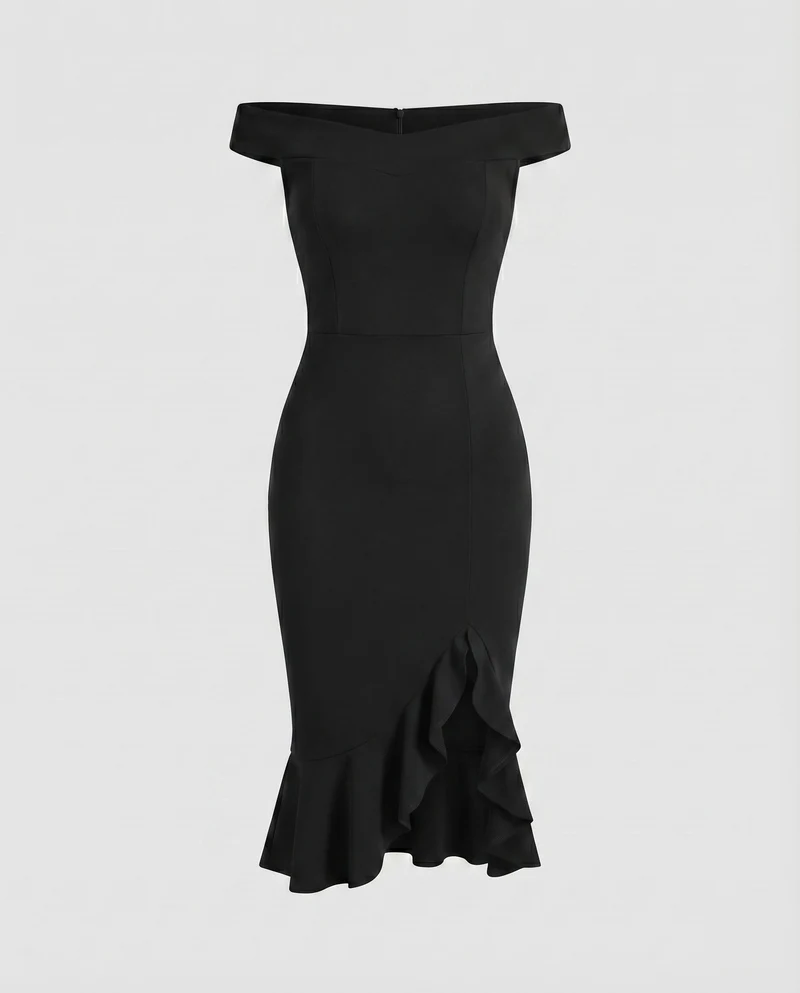 Damen Elegante Asymmetrischer Rüschen-Schlitz MischgewNord Taschene Midikleid