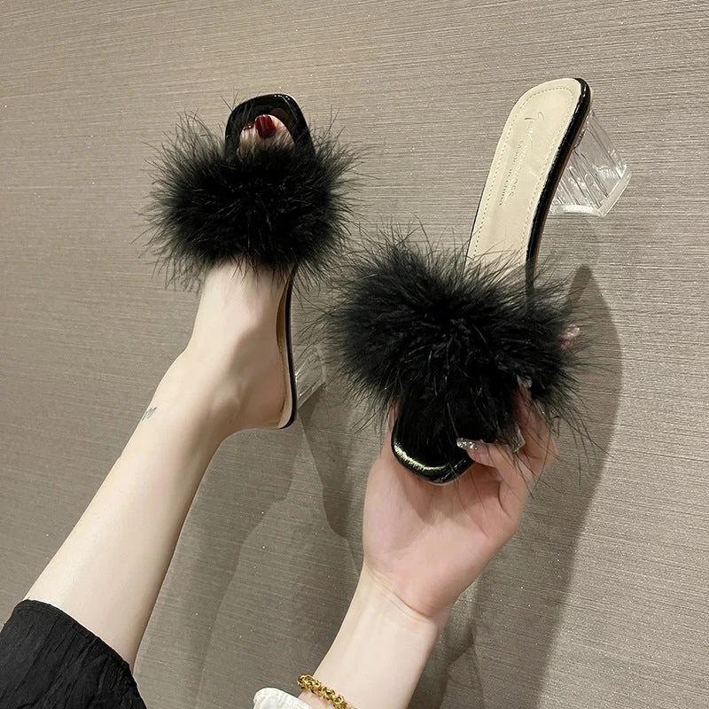 Damen Elegante Hausschuhe mit plüschigem Futter und transparentem Absatz