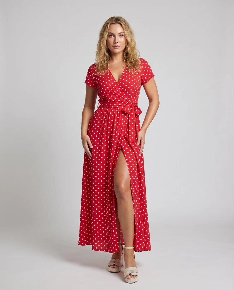 Damen Wickel-Maxikleid V-Ausschnitt Beinschlitz Elastik-Taille