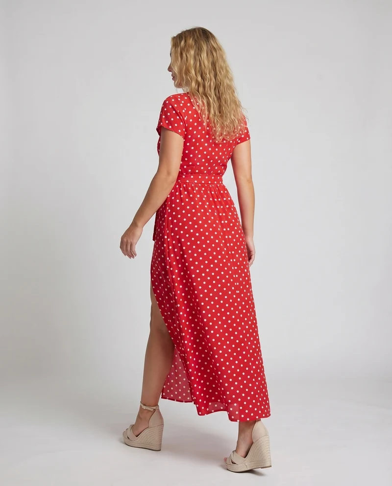 Damen Wickel-Maxikleid V-Ausschnitt Beinschlitz Elastik-Taille