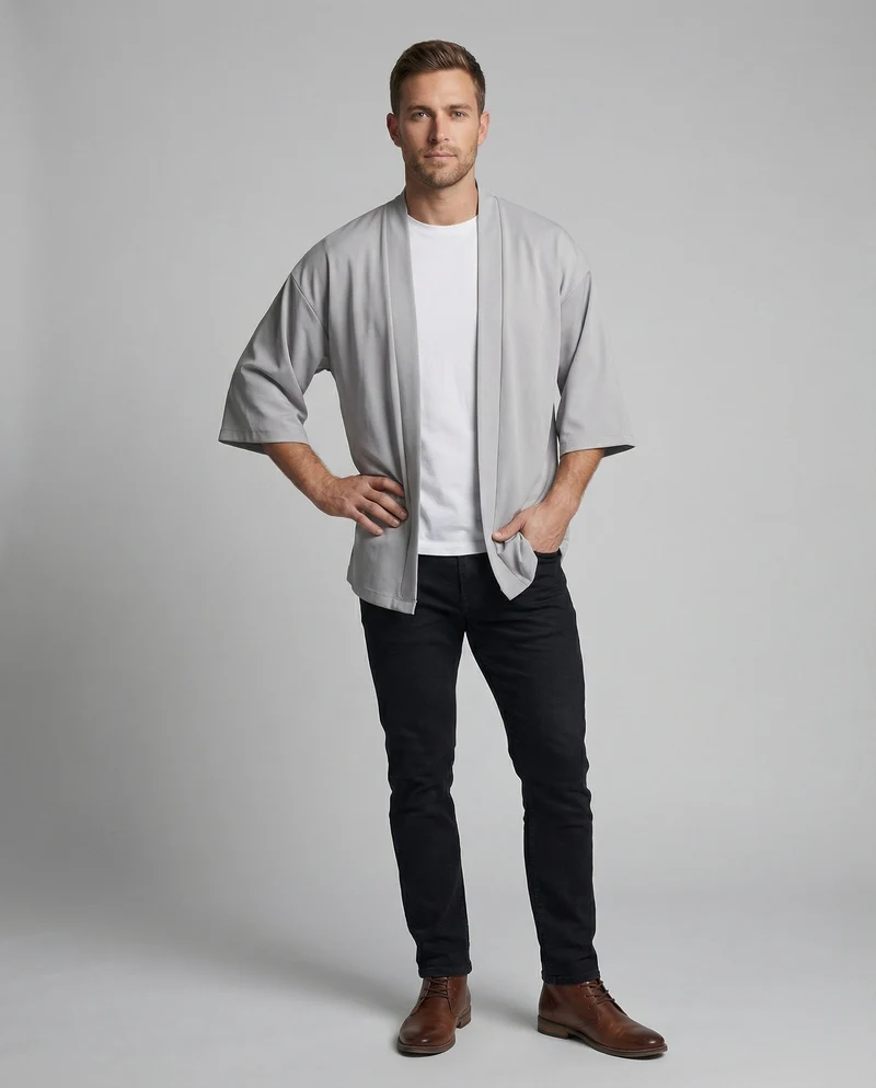 Herren nan offene weitgeschnittene Kimono-Jacke aus fließendem Jersey mit Seitentaschen und Dreiviertelärmeln Nord Taschen