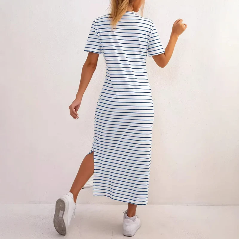 Damen Maxikleid mit seitlichen Schlitzen und gestreiftem Design