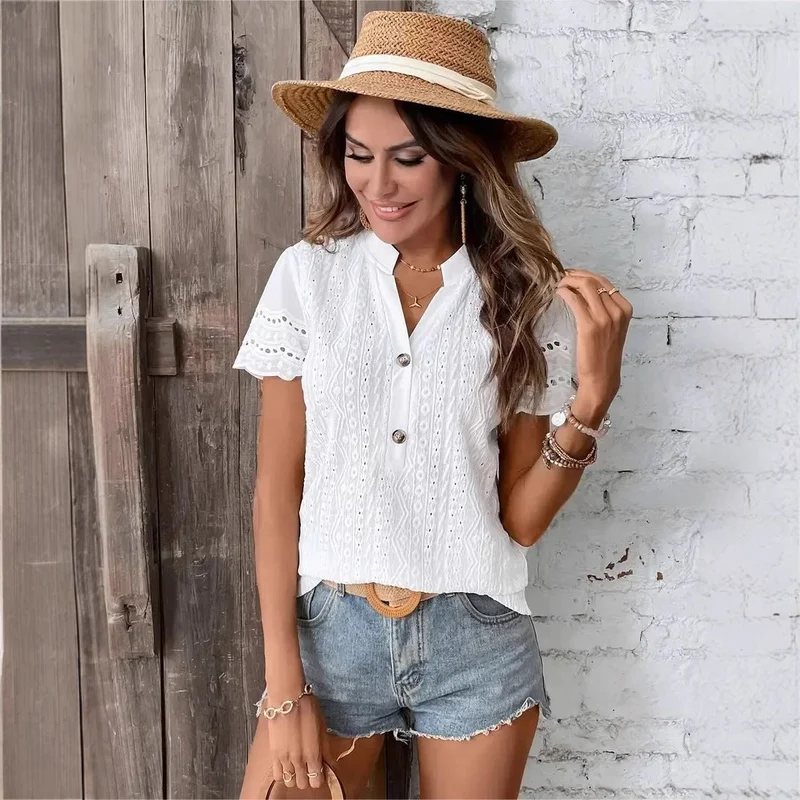 Damen elegantes Kurzarm-Bluse mit feiner Stickerei