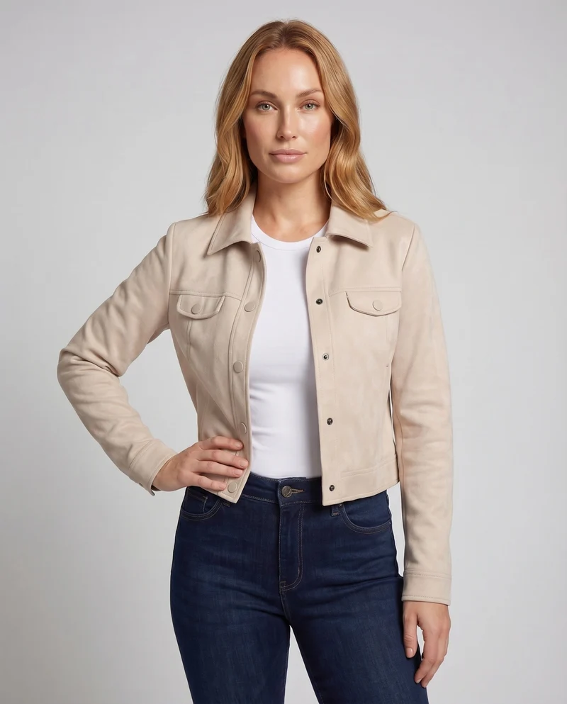 Damen Truckerjacke Wildlederoptik Pattentaschen Druckknopfleiste