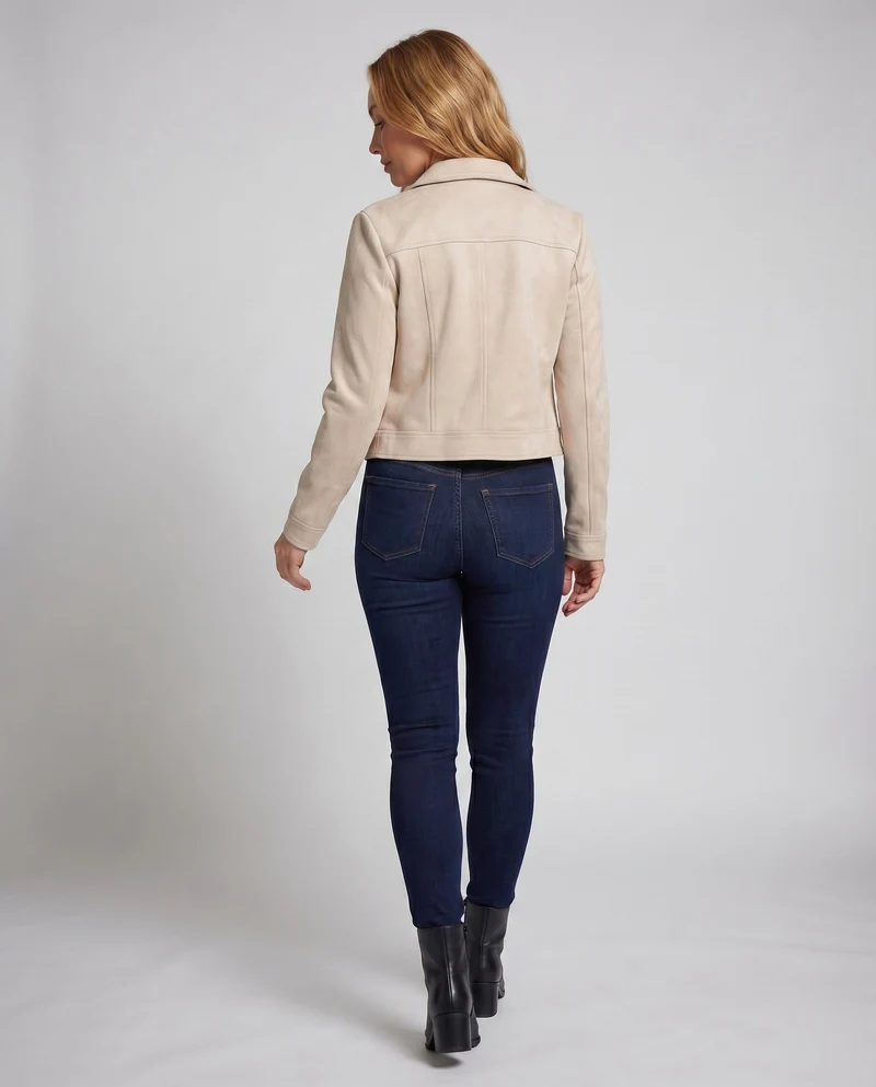 Damen Truckerjacke Wildlederoptik Pattentaschen Druckknopfleiste