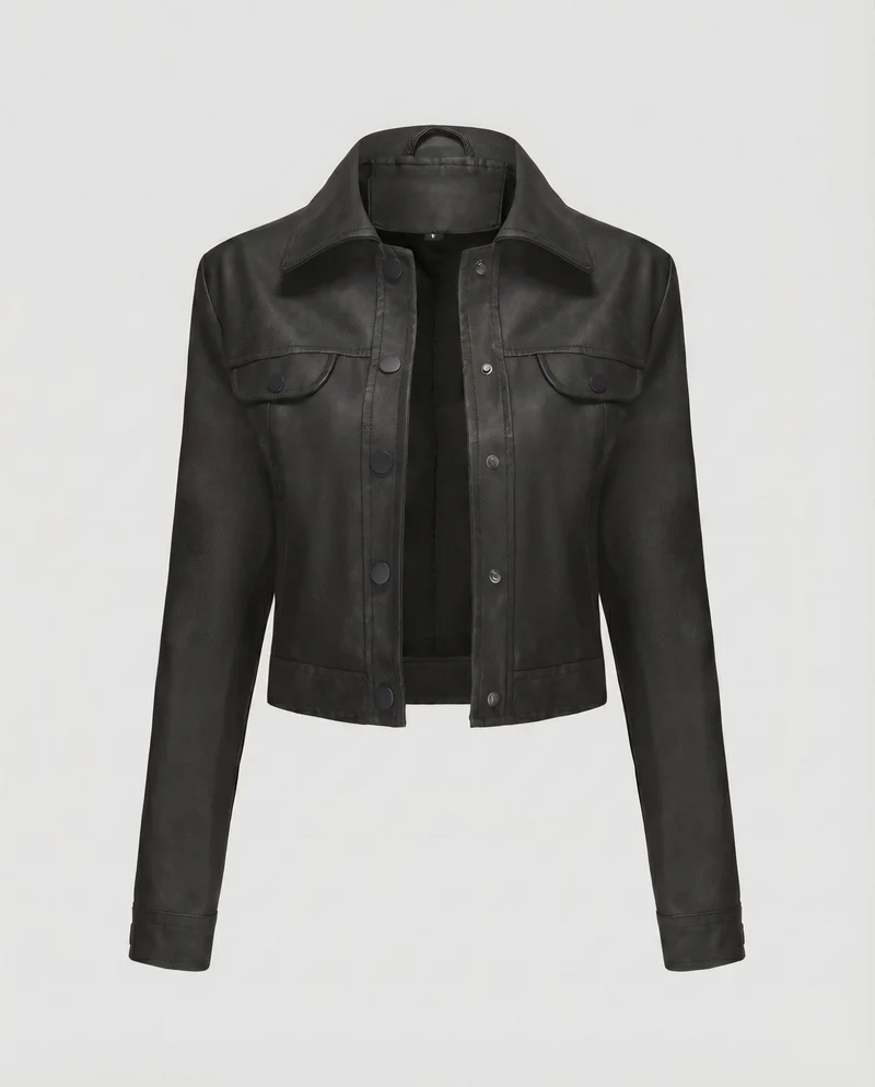 Damen Truckerjacke Wildlederoptik Pattentaschen Druckknopfleiste
